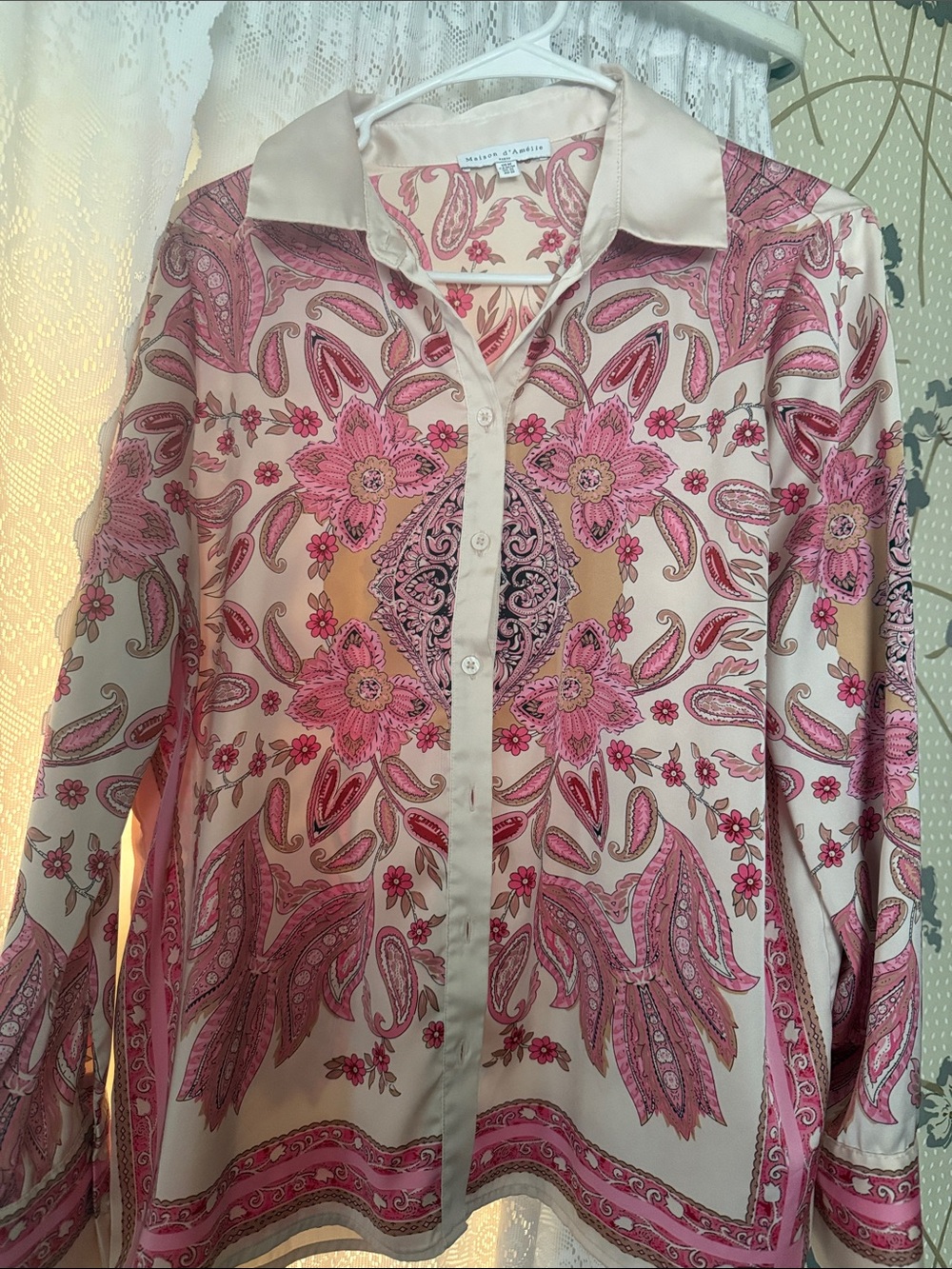 Pink and Cream Paisley Silk Button-Down Blouse